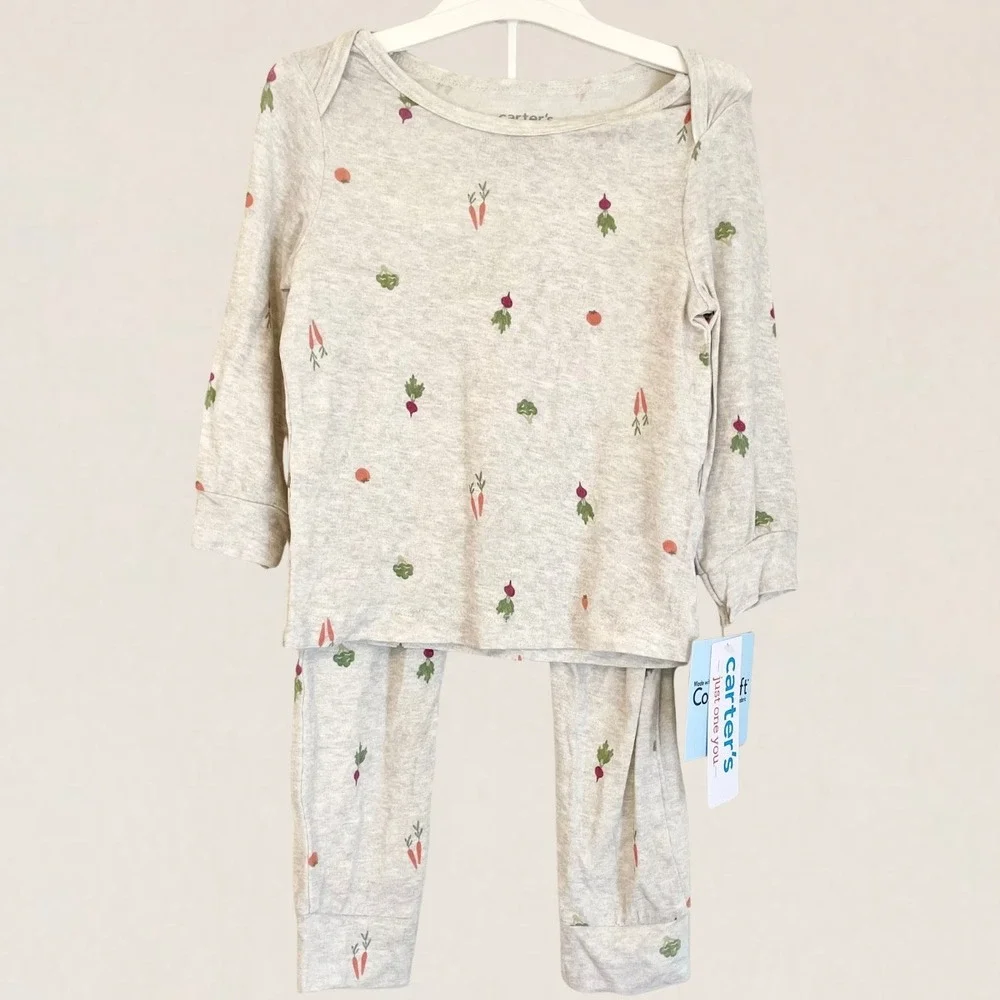 Carter's Just One‎ You Baby 12M Vegetable Print Pajama Set Gray 2pc NWT